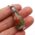 Handheld mini natural unakite stone perfume bottle pendant necklace with silver chain - Vase Shape (Carved Bottle) / Unakite