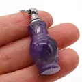 Detail of small flower vase shaped amethyst crystal perfume bottle necklace with silver cap - Vase Shape (Carved Bottle) / Purple Crystal