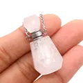 Pink rose quartz perfume bottle pendant necklace with silver metal cap on delicate chain - 25x38mm / White Crystal