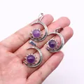 Detailed close-up of three celestial silver pendants with purple amethyst stones - Pendant Only (22x29mm, Without Chain) / Purple Crystal
