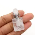 Rose quartz rectangular essential oil bottle pendant necklace with silver metal chain - 19x37mm / White Crystal