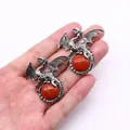 Pair of retro Viking dragon pendants with red gemstones in antique silver finish - 43x43mm / Red Jasper