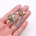 Gothic bat wing key pendant with teardrop natural gemstone and silver metal finish - Unakite