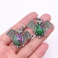 Bat pendant in vintage silver with oval ruby in zoisite gemstone for DIY necklaces - Ruby Zoisite