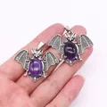 Gothic bat pendant necklace with purple natural stone inlay in vintage silver finish - Purple Crystal