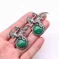 Vintage silver dragon pendant featuring a natural green malachite stone inlay - 43x43mm / Malachite