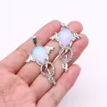Silver winged magic scepter pendant with milky white teardrop stone for DIY jewelry - Opal