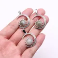 Silver sun and crescent moon pendant with grey natural stone inlay for DIY necklaces - Pendant Only (22x29mm, Without Chain) / Flash Stone (Labradorite)