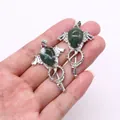 Gothic bat wing key pendant with teardrop green stone inlay in silver metal finish - India Agate