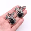 Vintage silver Viking dragon pendant with black natural stone bead, handcrafted accessory - 43x43mm / Black Agate