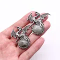 Vintage silver dragon pendant featuring a polished round natural stone labradorite - 43x43mm / Flash Stone (Labradorite)