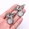 Vintage silver dragon pendant with pink quartz stone detail, fantasy DIY jewelry accessory - 43x43mm / White Crystal