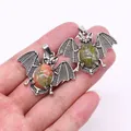 Gothic bat pendant necklace in vintage silver alloy with green granite natural stone - Unakite