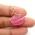 Handmade wire-wrapped oval pink agate pendant with gold wire for DIY jewelry necklaces - Pink