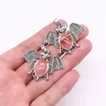 Gothic bat wing pendants with pink natural stones on vintage silver alloy base - Watermelon Quartz