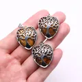 Three heart-shaped tiger eye stone pendants with silver tree of life metal wrap - Tiger's Eye