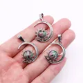 Silver crescent moon and sun pendants with natural red-green stone settings - Pendant Only (22x29mm, Without Chain) / Ruby Zoisite
