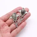 Silver angel wings key pendant featuring a drop-shaped natural grey gemstone inlay - Flash Stone (Labradorite)