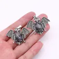 Set of two vintage silver bat pendants with gray natural stone for DIY necklaces - Larvikite