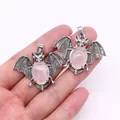 Gothic bat pendant necklace with natural pink crystal stone and vintage silver alloy finish - Rose Quartz