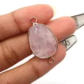 Faceted oval pink quartz stone connector with gold plated double loops for jewelry making - Rose Quartz