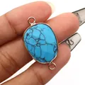 Oval turquoise connector with gold trim and double loops for DIY jewelry making - Blue Turquoise
