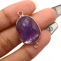 Faceted oval amethyst gemstone connector with gold plating and double loops for DIY jewelry - Purple Crystal