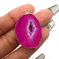 Detailed view of rose red irregular agate pendant with gold plated edges and crystal druzy - Magenta Agate (No. 1) / Pendant Only (Without Chain)