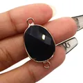 Oval black faceted gemstone connector in rose gold plated frame with double loops - Black Agate