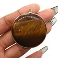 Tiger eye natural stone round pendant with golden plated frame for DIY jewelry making - Tiger's Eye