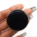 Polished black gemstone pendant with gold-plated circular frame for DIY jewelry making - Black Agate