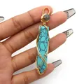 Handcrafted turquoise hexagonal stone pendant with gold wire wrapping and grey bead - Hexagonal Column Wire Wrap Style / Blue Turquoise