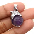 Silver plated dolphin pendant holding a purple amethyst gemstone bead for jewelry - Dolphin Shape / Purple Crystal