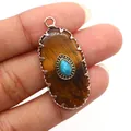 Oval tiger eye stone pendant with blue turquoise evil eye inlay and metal frame - Pendant Only (Without Chain) / Tiger's Eye