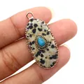 Vintage oval Dalmatian Jasper stone pendant with turquoise inlay and silver metal bezel - Pendant Only (Without Chain) / Dalmatian Jasper