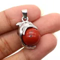Silver plated dolphin pendant with a round red natural stone and silver bail - Dolphin Shape / Red Jasper