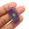 Oval purple amethyst stone pendant with turquoise droplet and vintage gold bezel - Pendant Only (Without Chain) / Purple Crystal