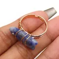 Macro detail van een handgemaakte goudkleurige draadring met een blauwe stenen vis en stras - Blauwe spotsteen
