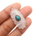 Pink quartz oval pendant with turquoise eye inlay and gold-tone jagged metal frame - Pendant Only (Without Chain) / White Crystal