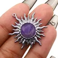 Detailed view of bohemian alloy sun pendant with purple gemstone and silver finish - Purple Crystal