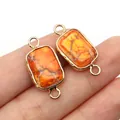 Rectangle orange marble stone connector with gold frame for DIY jewelry making - Orange