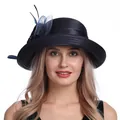 Detail of elegant navy mesh flower sun hat with feather accents on a female model - M(56-58cm) / Navy Blue