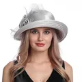 Elegant silver grey fascinator hat with satin flower mesh and feathers for weddings - M(56-58cm) / Gray