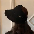 Fashionable black foldable sun visor hat for women with elegant silk bow and metal tag - M (56-58cm) / Black