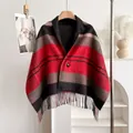 Detail of red and black plaid wool shawl featuring a button closure and thick tassels - Style 8 (Red Black Gray Plaid) / 150*50cm