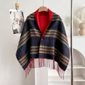 Detail of wool plaid shawl with long tassels and red lining hanging on wood hanger - Style 9 (Dark Green Black Red Fine Check) / 150*50cm