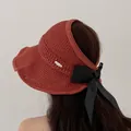 Chic caramel sun visor hat with large black bow decoration and knit texture for women - M (56-58cm) / Rust red