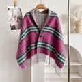 Detail of rose red and green plaid wool shawl with fringe and button closure - Style 10 (Magenta Dark Green Plaid) / 150*50cm