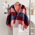 Detail of soft plaid wool poncho with single button closure and decorative long fringes - Style 11 (Pink Blue Red Plaid) / 150*50cm