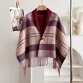 Detail of wool-like plaid shawl with fringe tassels and single button closure detail - Style 12 (Dark Red Purple Beige Plaid) / 150*50cm